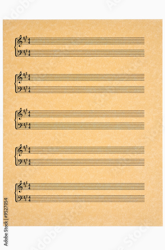 Key of A  blank music sheet on parchment paper. Isolated.