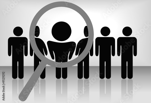 Magnifying Glass to Choose Person in Row of People on Background
