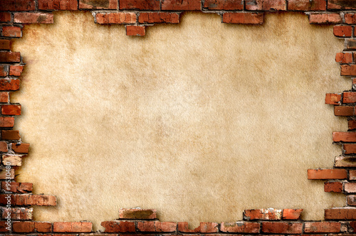 Parchment background in brick frame with clipping path photo