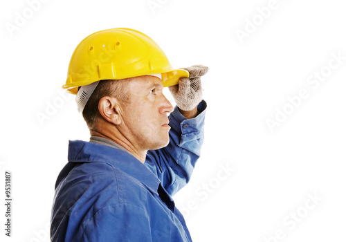 serious worker looking in to the future. isolated on white
