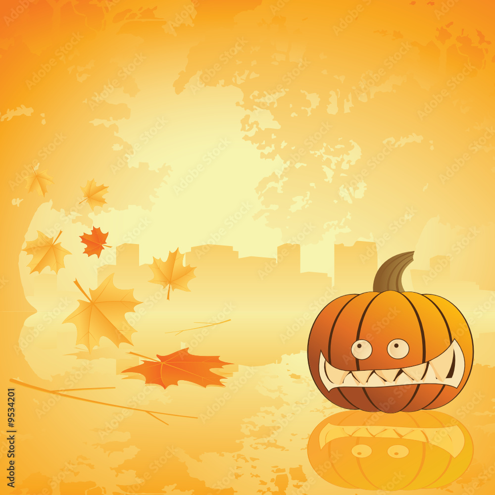 Fototapeta premium Halloween pumpkin with leafs and reflection