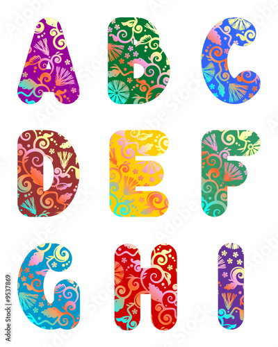 Ornate decorative letters A - I, part 1 of alphabet set