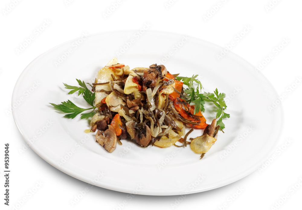Baked Potatoes Slice with Mushrooms Isolated on White Background Baked Potatoes Slice with Mushrooms Isolated on White Background