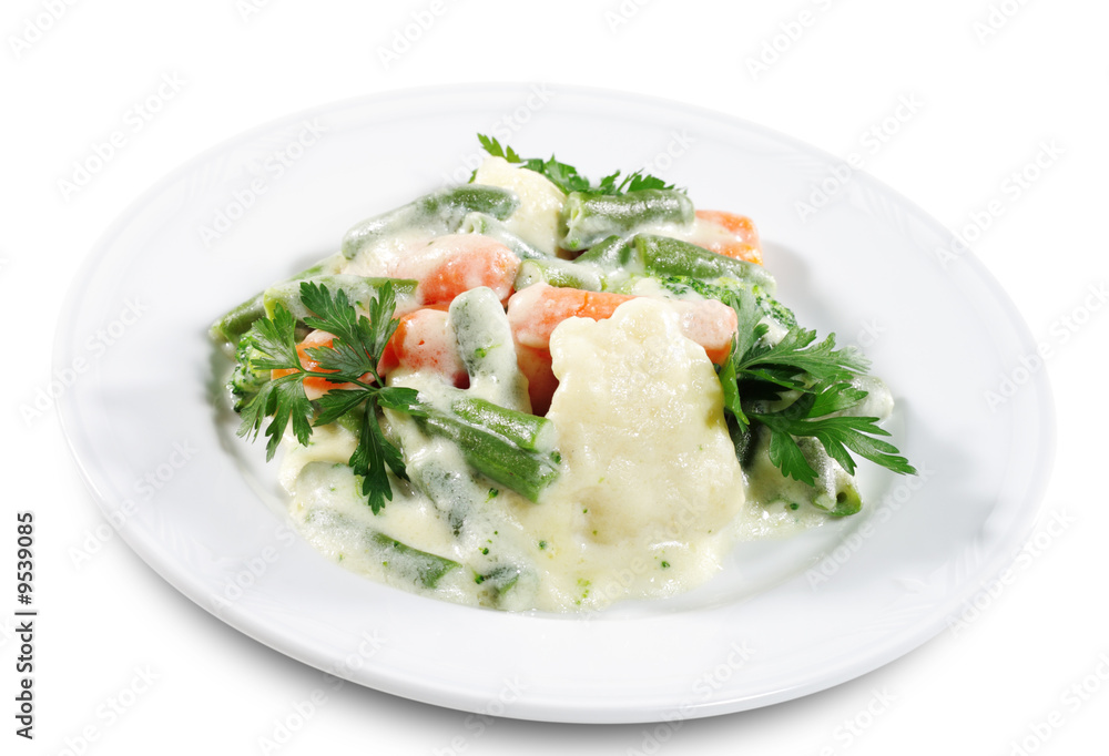 Vegetables Garnish with Béchamel Sauce Isolated on White Vegetables Garnish with Béchamel Sauce Isolated on White
