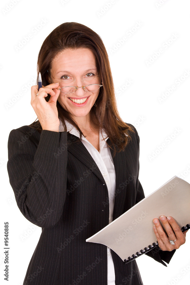 confident businesswoman smiling, holding notebook and pen confident businesswoman smiling, holding notebook and pen