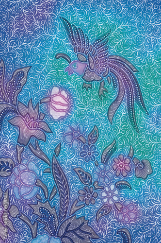Blue batik sarong with floral motif and a bird