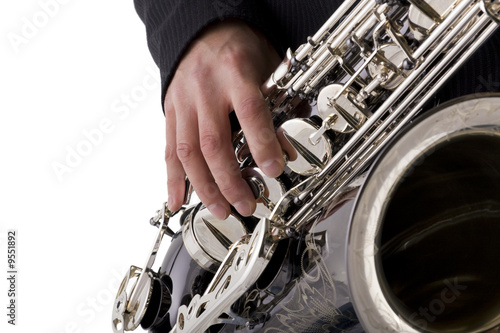 Canvas Print Musician playing a saxophone on white with copy space