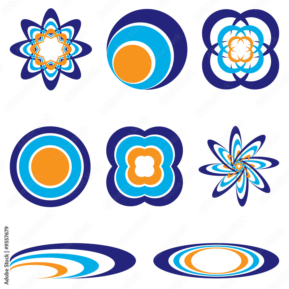 collection of eight orange and blue illustrated icons