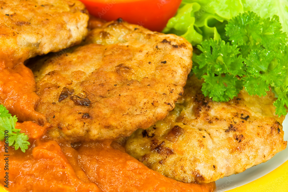 Frikadellen mit Bratkartoffeln,Tomatensoße Stock Photo | Adobe Stock