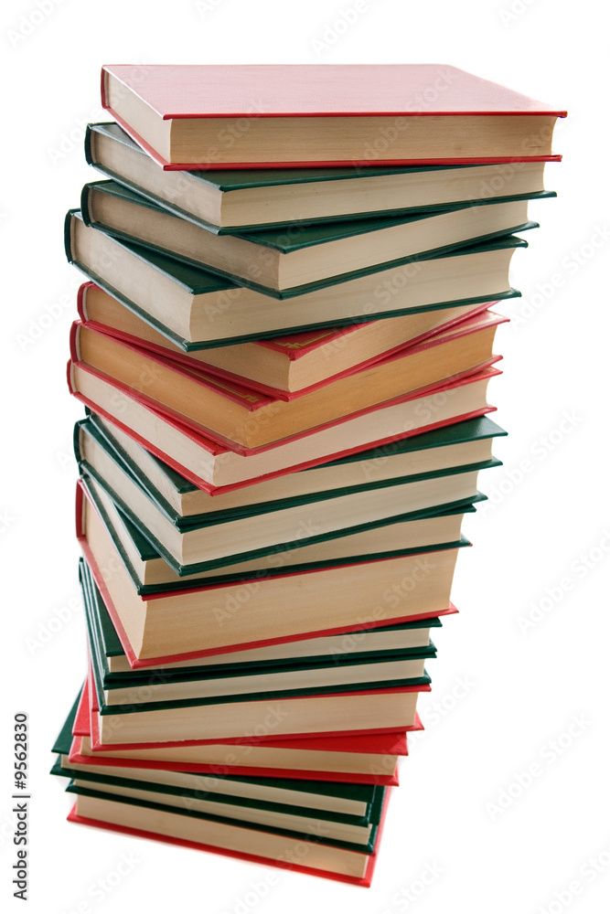 Tower of red and green books on a white background Tower of red and green books on a white background