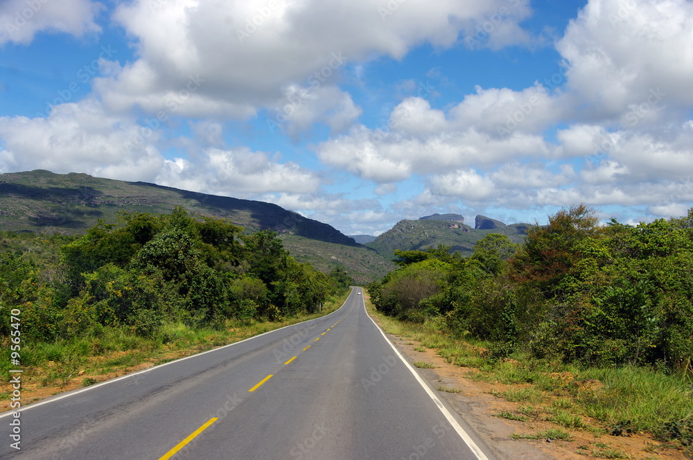 Route asphaltée, Brésil. Asphalt road, Brazil.Chapada.