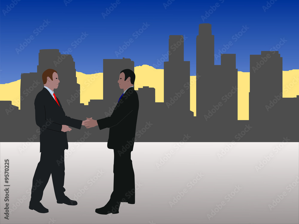 business men meeting with Los Angeles skyline