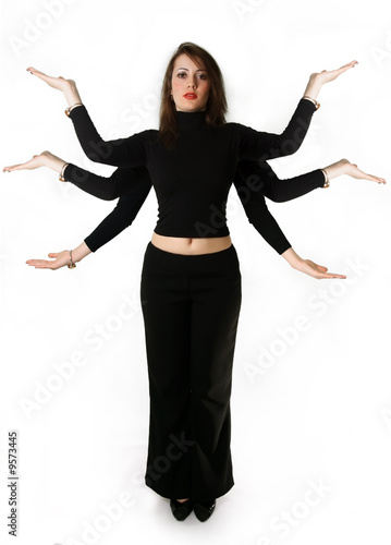 Mythical woman has six hands against the white background