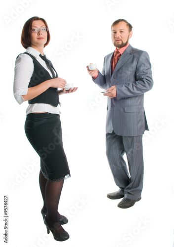 A businesman and businesswoman having coffebreak photo