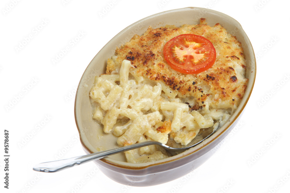 Baked macaroni cheese in a casserole dish Baked macaroni cheese in a casserole dish