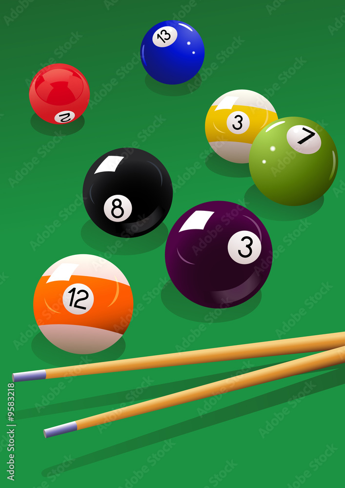 Billiard balls and cue, vector illustration Billiard balls and cue, vector illustration