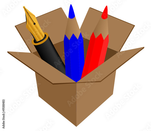 Pen and pensils in cardboard box
