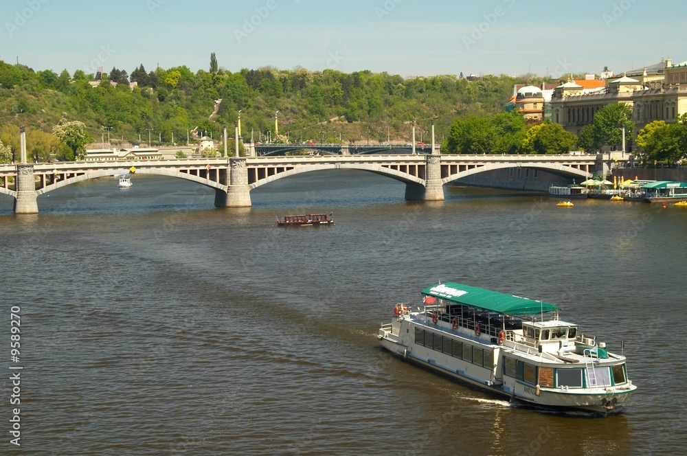 river, bridge and boat in Prague