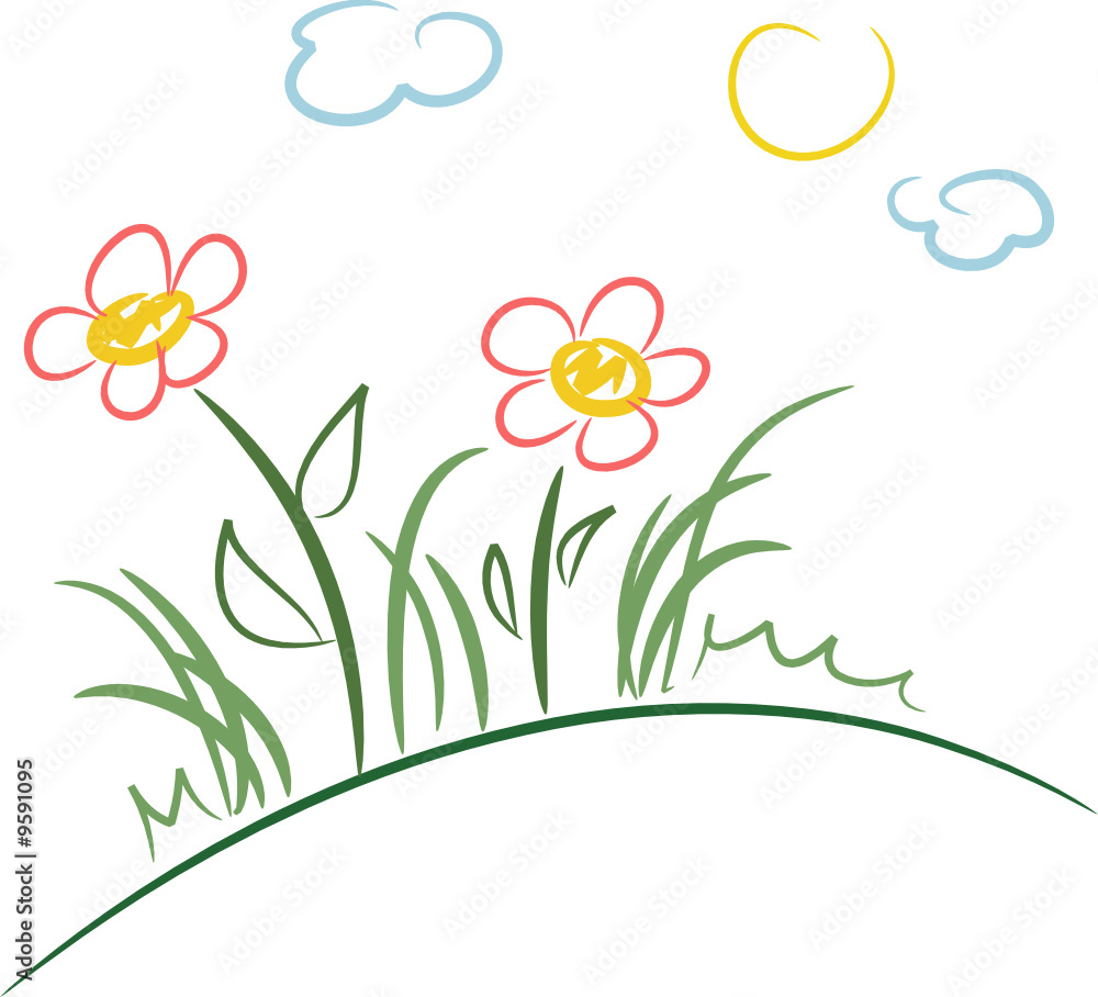 Blumen auf einem Hügel im Sonnenschein, handgezeichnet