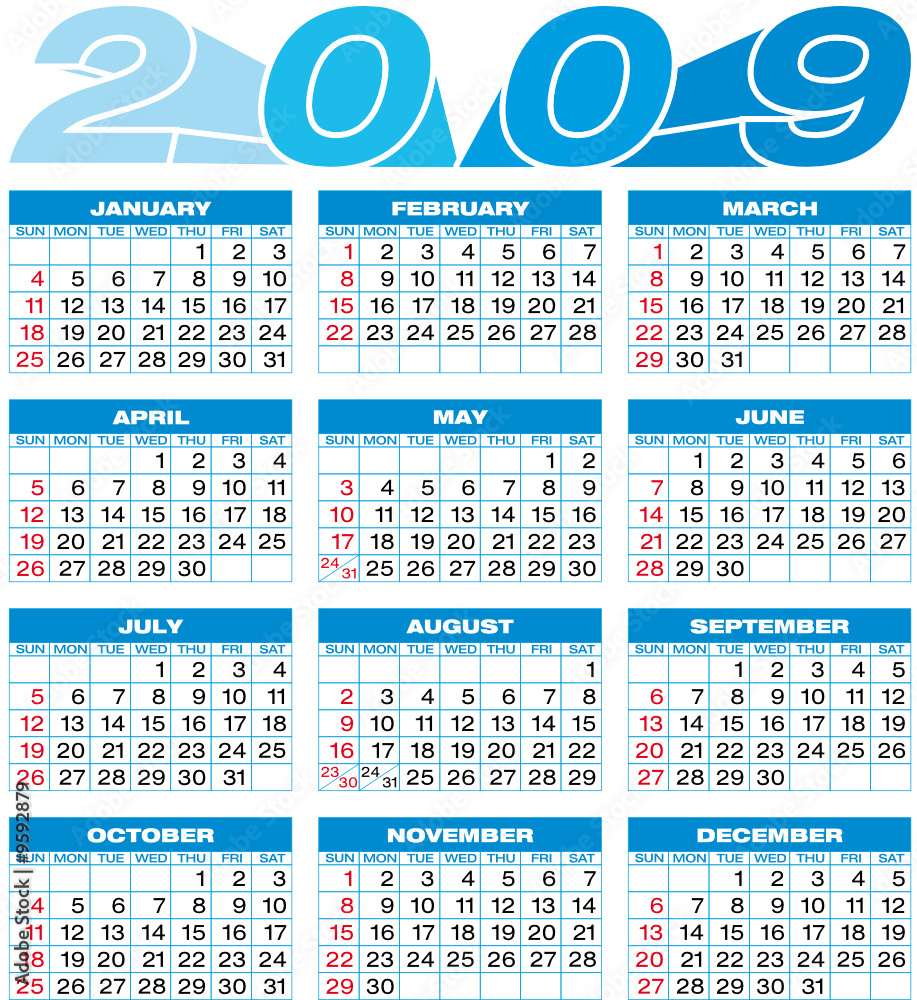 Calendar for 2009. Numbers within a grid. Stock Vector | Adobe Stock