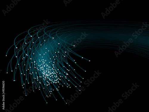 Many blue optical fibers on black background