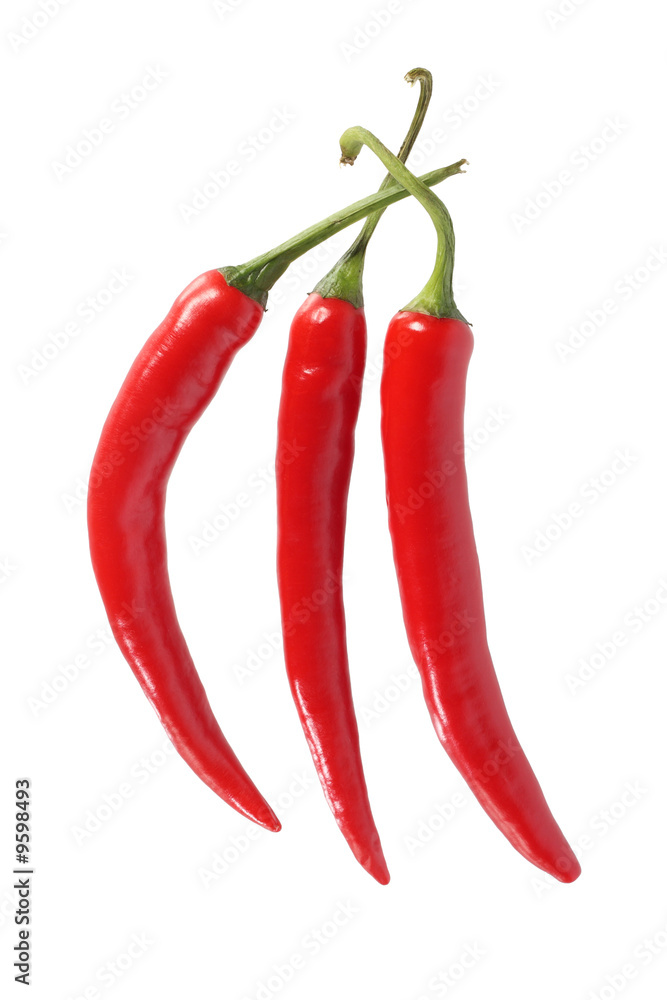 Three hot red chili peppers, isolated on white background