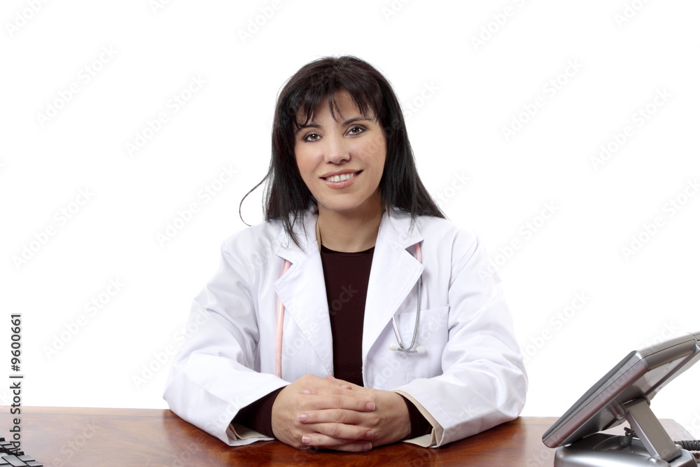 Friendly doctor confidently sits at her desk Friendly doctor confidently sits at her desk