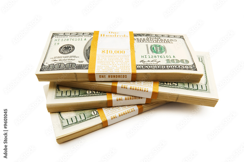 Ten thousand dollar stacks on the white Ten thousand dollar stacks on the white