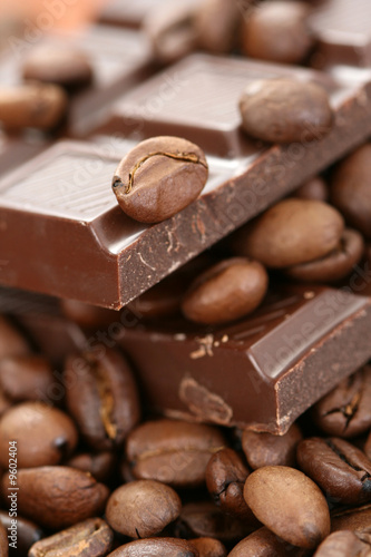 close-ups of dark chocolate and coffee beans