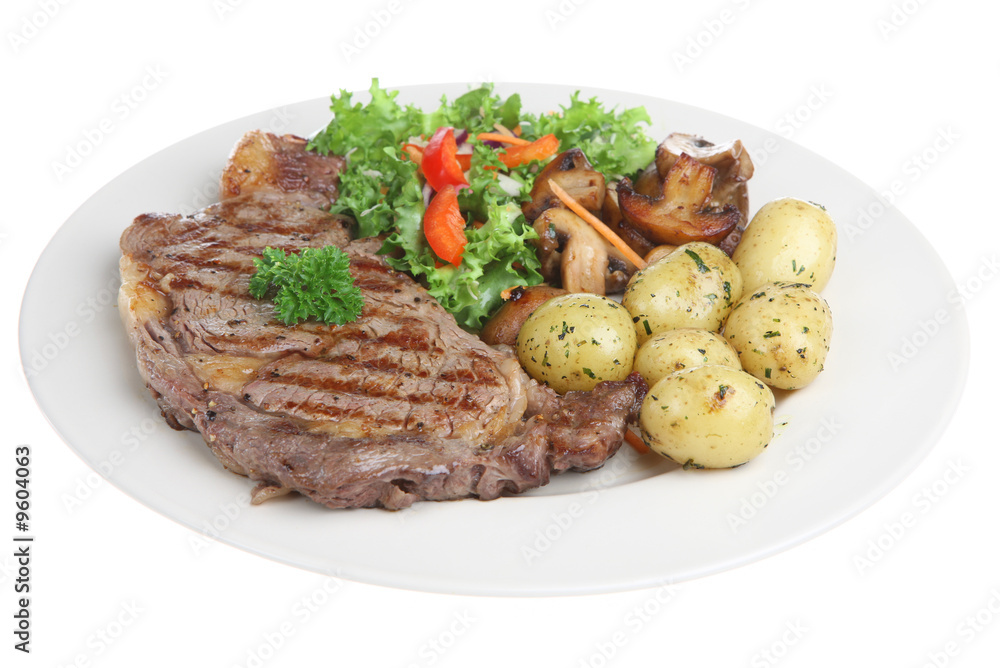 Sirloin steak with new potatoes, mushrooms and salad