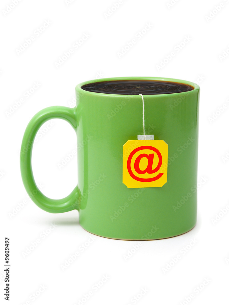 Cup of tea with e-mail symbol isolated on white background Cup of tea with e-mail symbol isolated on white background