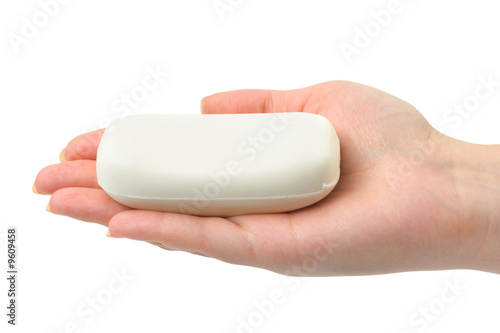 Soap in hand isolated on white background