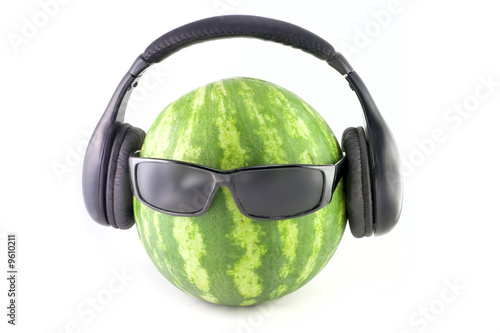 Watermelon in sunglasses and headphones