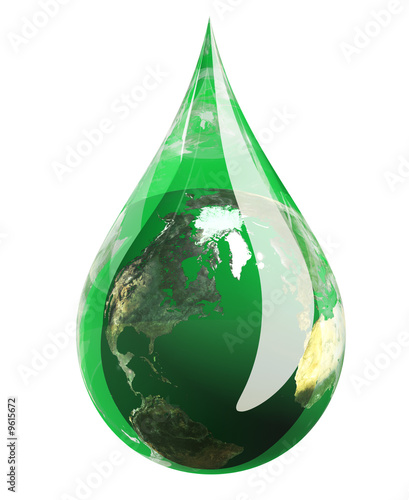 Water droplet in green hue with the earth engulfed in it.