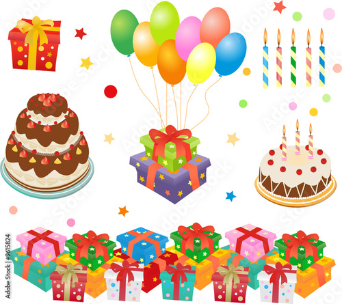 Celebration elements: gift box, baloon, cake, candles