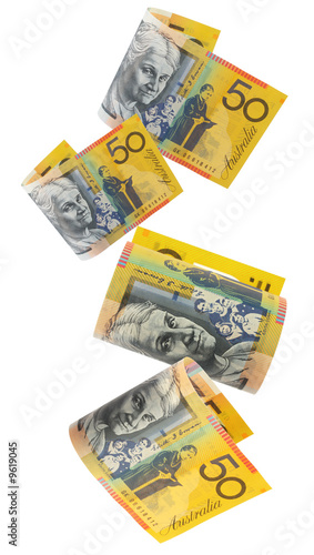 Australian fifty dollar notes, cascading down.