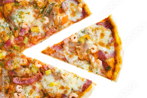 Fresh tasty pizza with seafood on white background