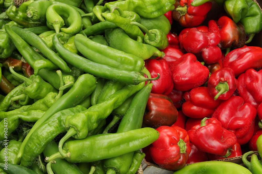 Organic chili pepper assortment at farmer's market