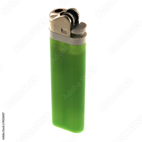 a green disposable lighter isolated on a white background