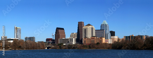 The downtown austin texas skyline on a clear sunny day.