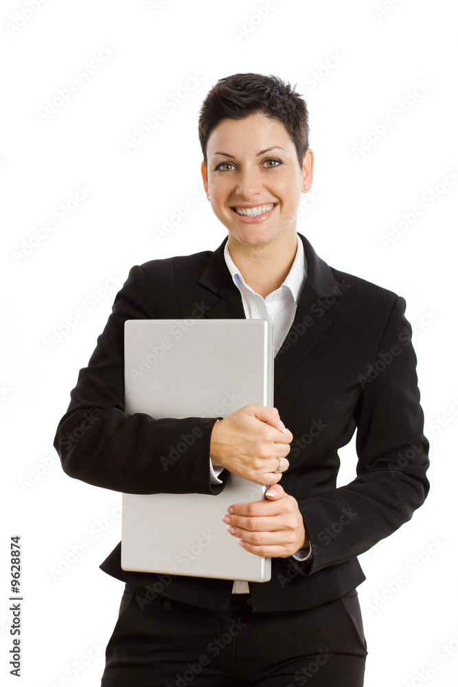 Happy businesswoman with laptop computer, smiling, Happy businesswoman with laptop computer, smiling,