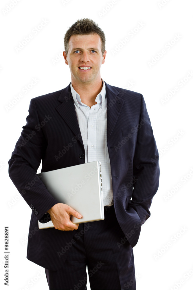 Happy businessman holding laptop computer, smiling, Happy businessman holding laptop computer, smiling,