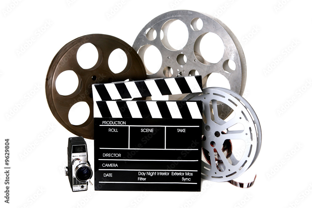 Fototapeta premium Studio Film Reels and Directors Clapper With Vintage Camera