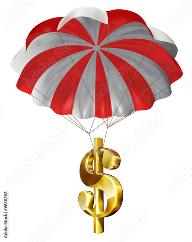 Dollar sign parachuting down safely.