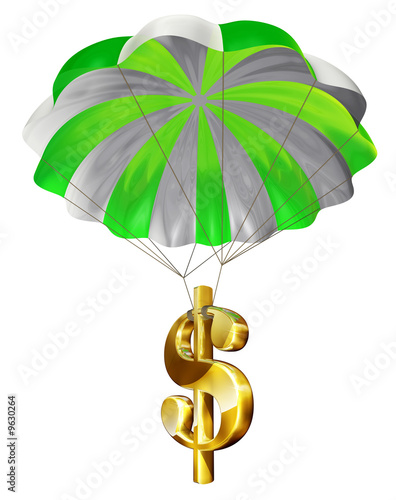 Dollar sign parachuting down safely.