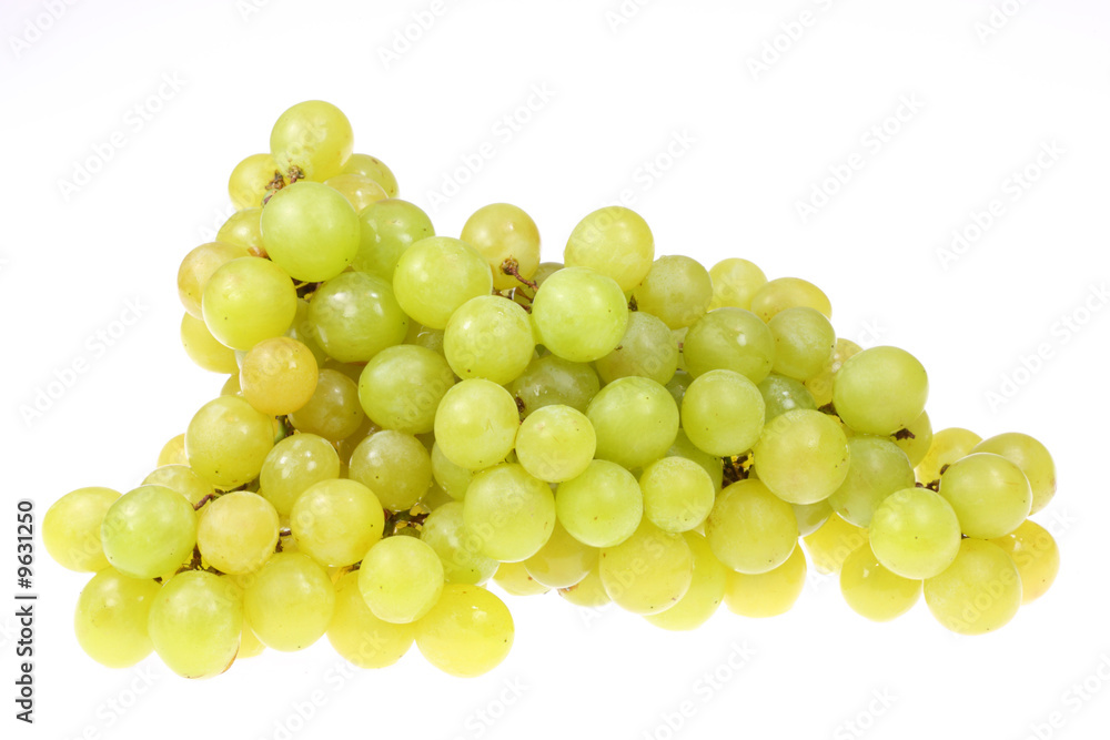 Green grapes on a white background.
