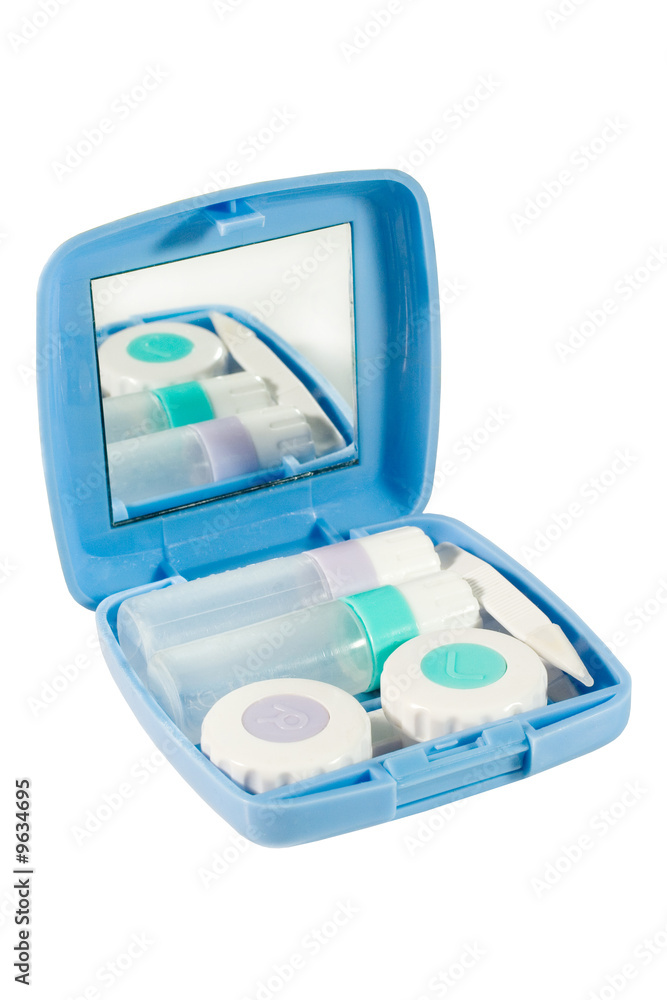Set of contact lens cases and bottles (isolated on white) Set of contact lens cases and bottles (isolated on white)