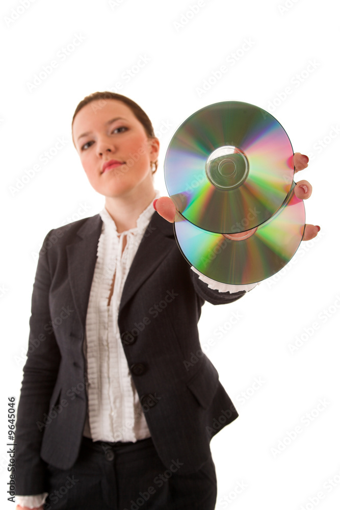 woman with compact disk on white background woman with compact disk on white background