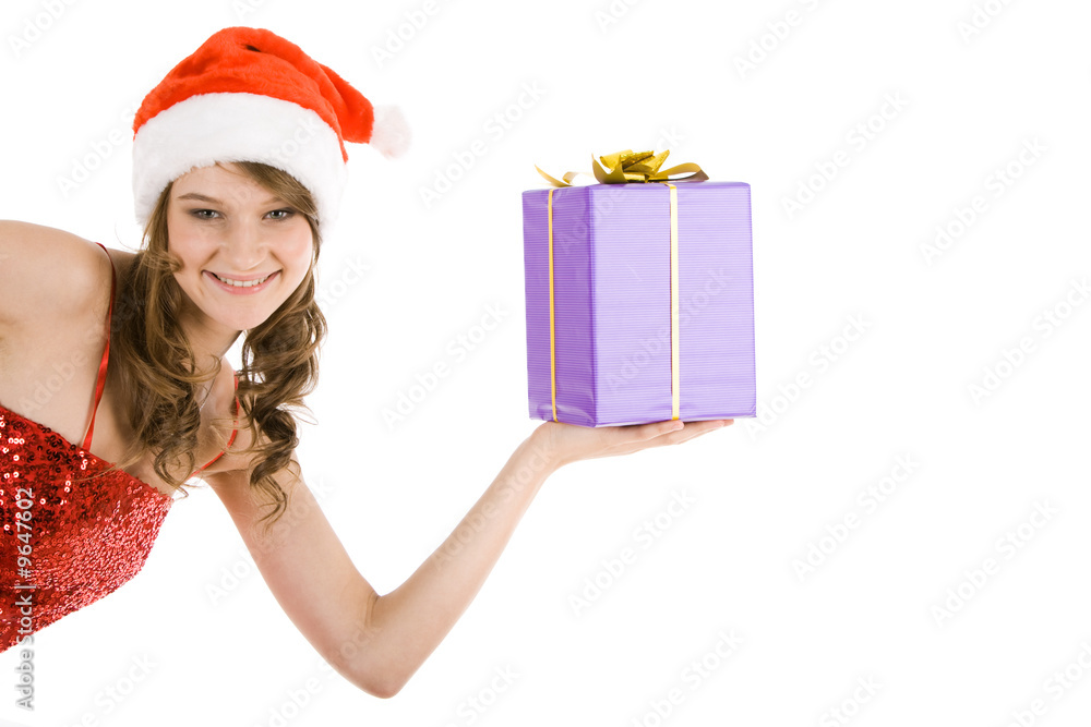 Portrait of happy woman holding box on white background