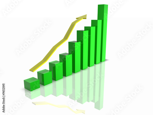 3D Render of a bar chart on white background showing growth.